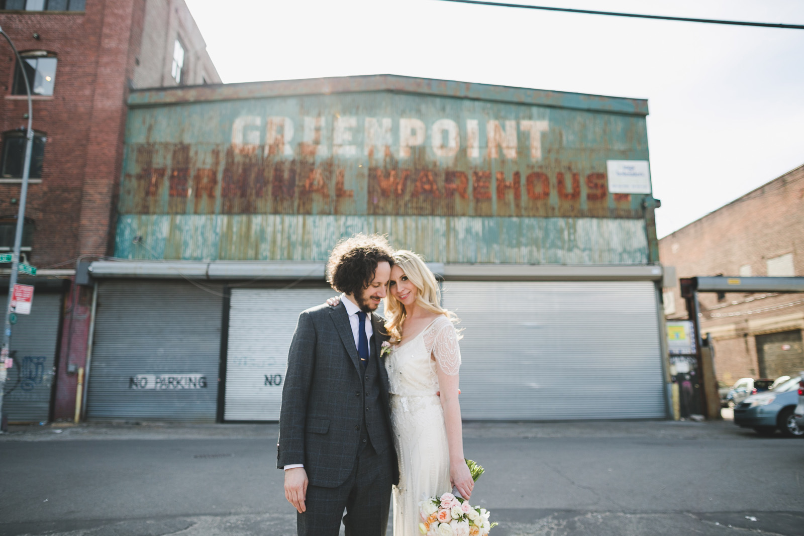 greenpoint brooklyn wedding photo, vintage sign, urban wedding photos